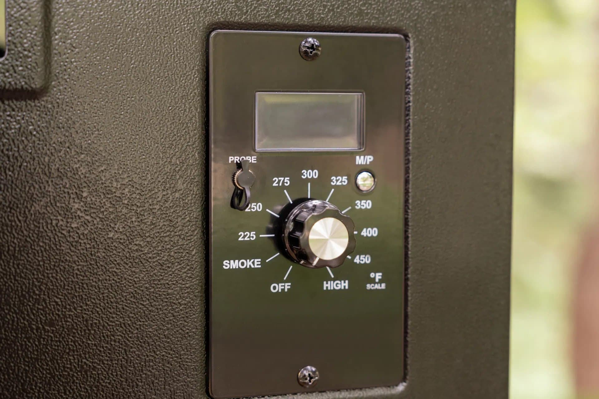 Pellet grill digital control panel with temperature dial and meat probe input