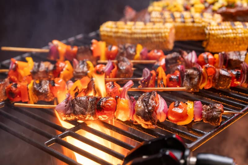 Flame-Grilled Steak Kabobs with Sweet Corn and Peppers