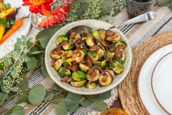 Crispy Brussels Sprouts with Bacon and Caramelized Onion